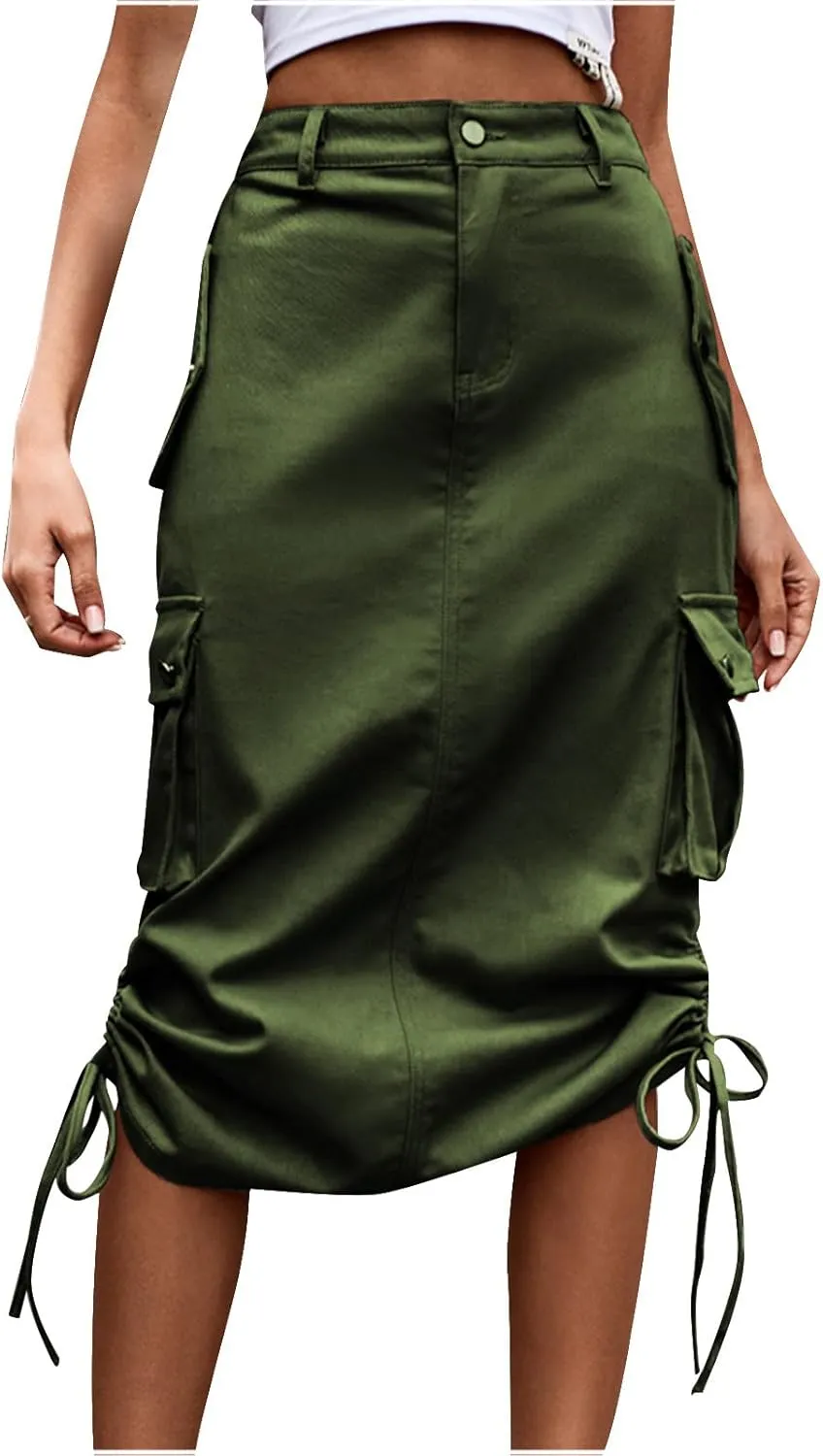 Women Denim Cargo Long Skirts High Waisted Button Ruched Side Slit Pencil Skirt Midi Jean Skirt with Flap Pockets