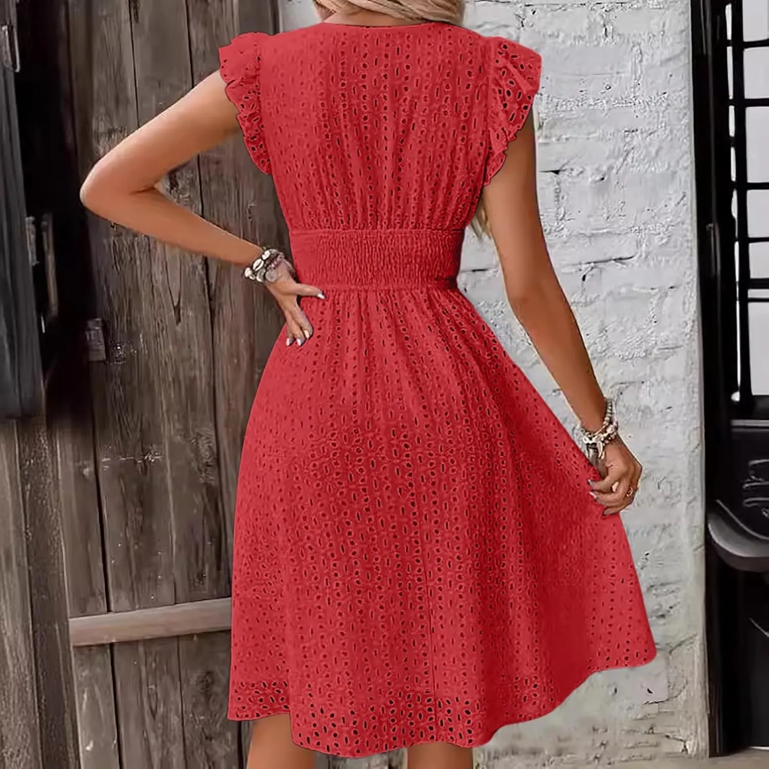 Women Eyelet Dress Midi Flutter Sleeve V Neck Smocked Waist Dresses Summer Sexy A Line Lace Embroidery Sun Dress