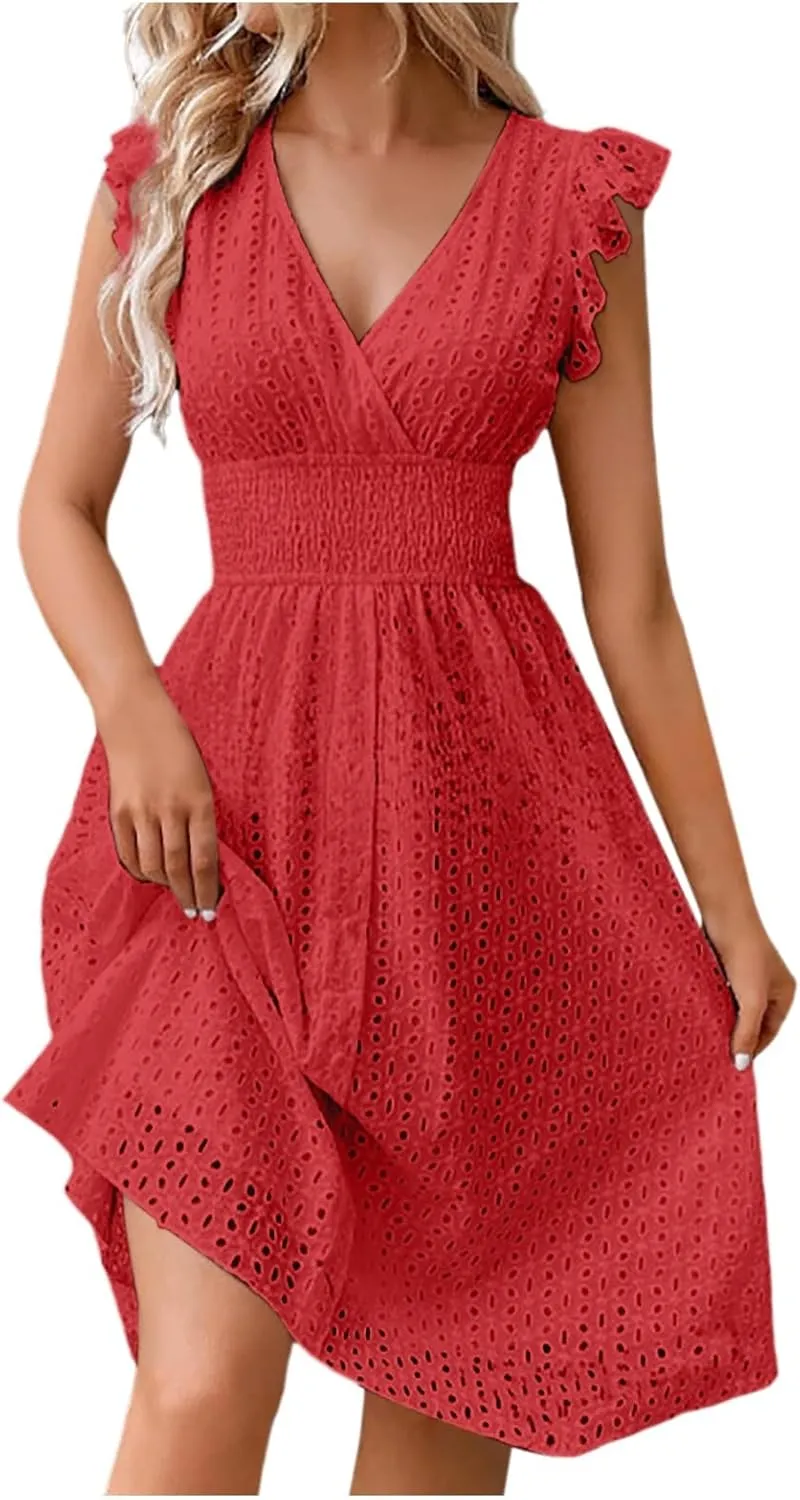 Women Eyelet Dress Midi Flutter Sleeve V Neck Smocked Waist Dresses Summer Sexy A Line Lace Embroidery Sun Dress