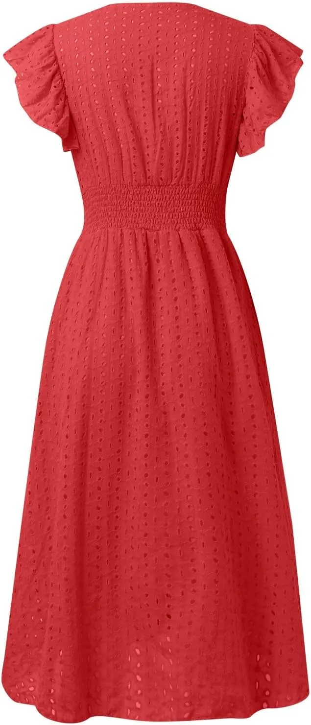 Women Eyelet Dress Midi Flutter Sleeve V Neck Smocked Waist Dresses Summer Sexy A Line Lace Embroidery Sun Dress