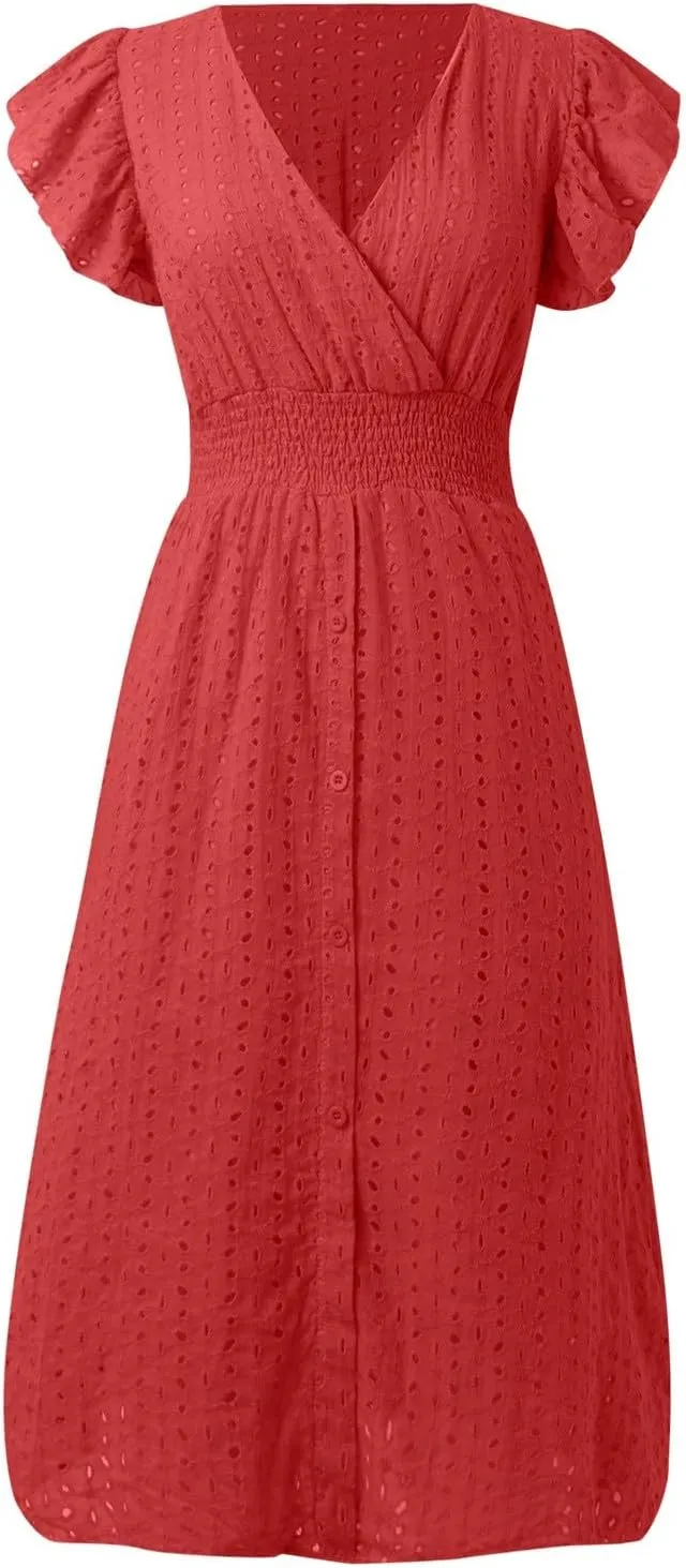 Women Eyelet Dress Midi Flutter Sleeve V Neck Smocked Waist Dresses Summer Sexy A Line Lace Embroidery Sun Dress