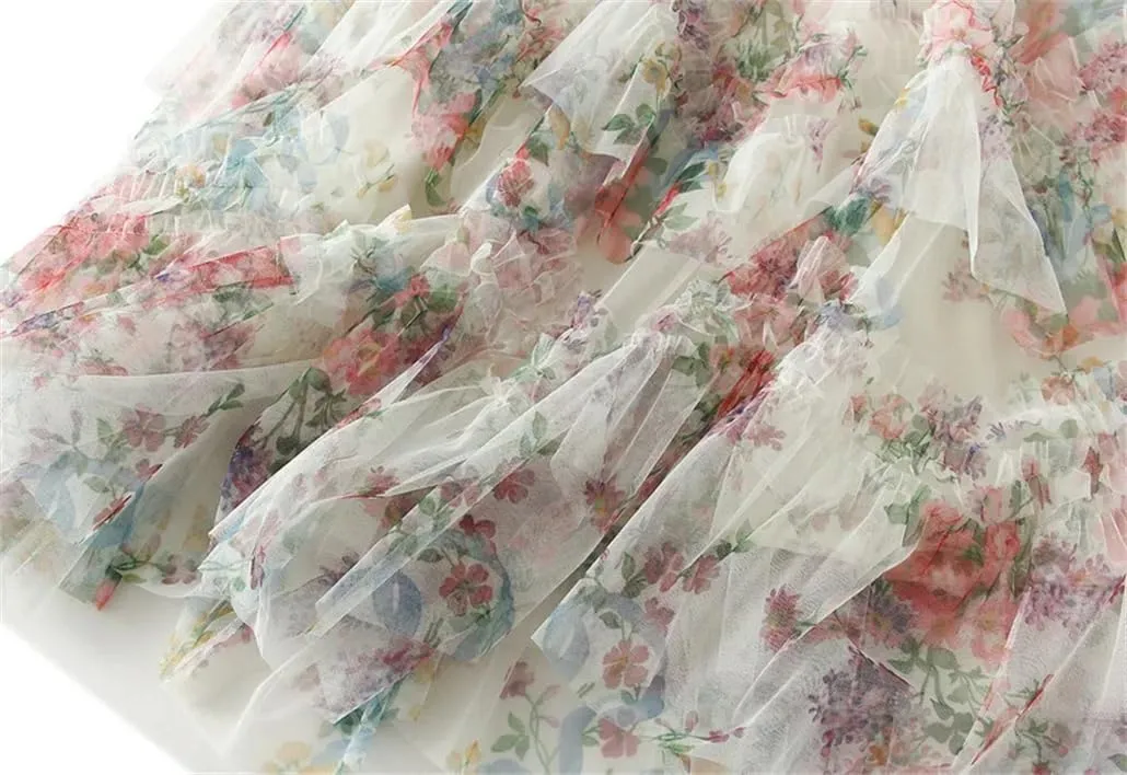 Women Floral Long Skirts Midi Skirt High Waisted A-Line Tulle Skirt