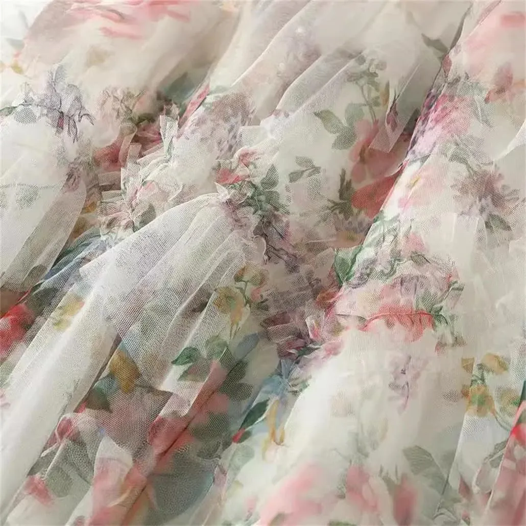 Women Floral Long Skirts Midi Skirt High Waisted A-Line Tulle Skirt