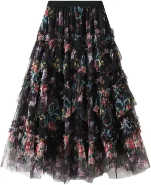 Women Floral Long Skirts Midi Skirt High Waisted A-Line Tulle Skirt