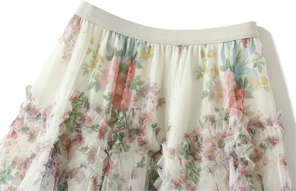 Women Floral Long Skirts Midi Skirt High Waisted A-Line Tulle Skirt