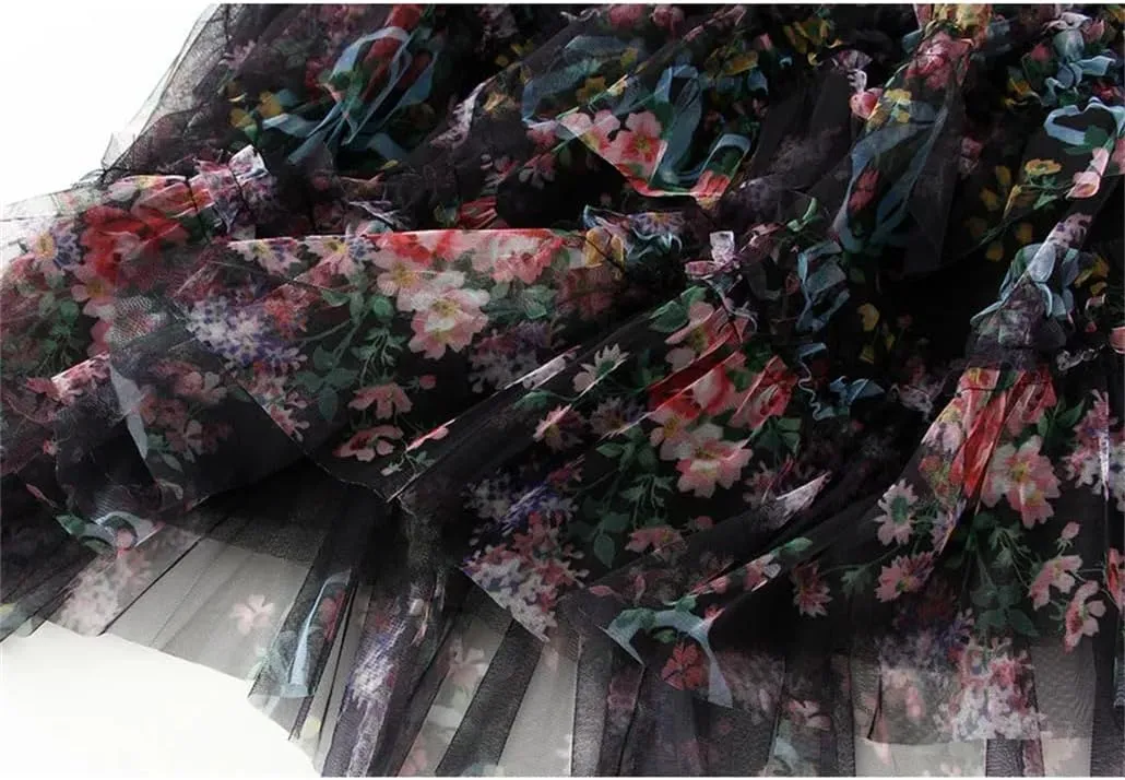 Women Floral Long Skirts Midi Skirt High Waisted A-Line Tulle Skirt