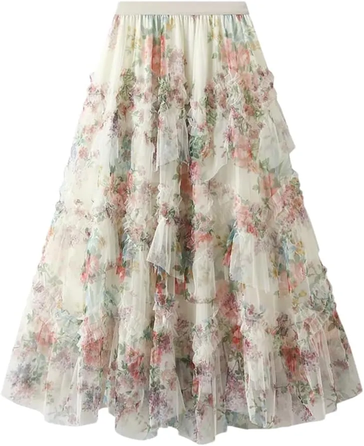 Women Floral Long Skirts Midi Skirt High Waisted A-Line Tulle Skirt