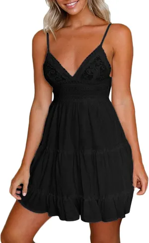 Women Midi Summer Lace Dresses Casual V Neck Swing Dot Ruffle Sleeveless A Line Beach Sun Long Tan Dresses for