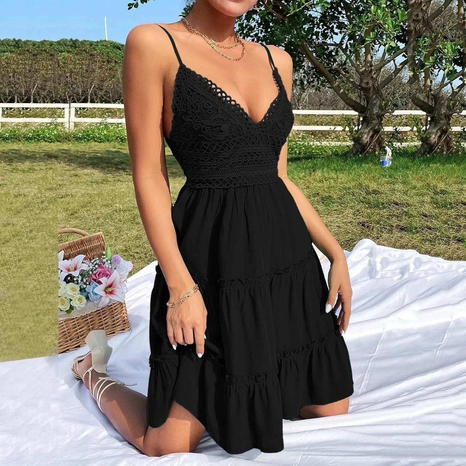 Women Midi Summer Lace Dresses Casual V Neck Swing Dot Ruffle Sleeveless A Line Beach Sun Long Tan Dresses for