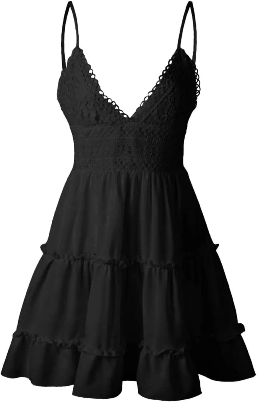 Women Midi Summer Lace Dresses Casual V Neck Swing Dot Ruffle Sleeveless A Line Beach Sun Long Tan Dresses for