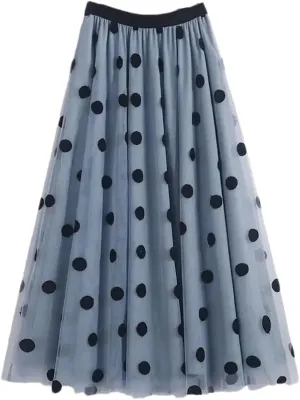 Women Polka Dot Embroidery Midi Skirts High Waist 3 Layer Mesh Pleated Swing A-Line Skirt