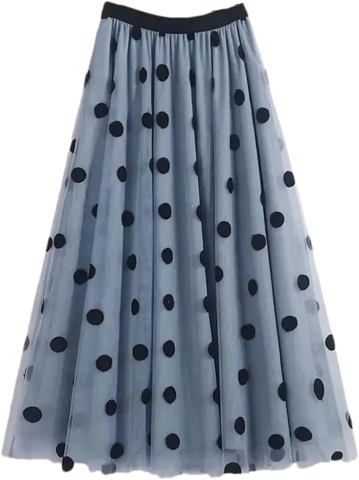 Women Polka Dot Embroidery Midi Skirts High Waist 3 Layer Mesh Pleated Swing A-Line Skirt