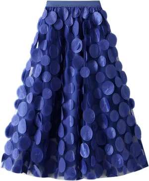 Women's 3D Flower Tulle Skirt Double-Layered Mesh Tutu Midi Skirt A-Line Party Cocktail Fairy Skirt