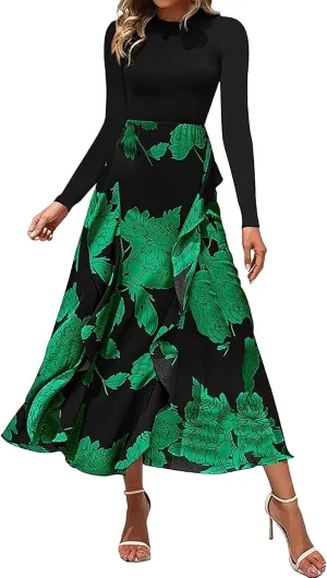 Womens Fall Fashion 2025 Floral Maxi Dress Casual Crewneck Long Sleeve Ruffle Flowy Cocktail Wedding Guest Dresses