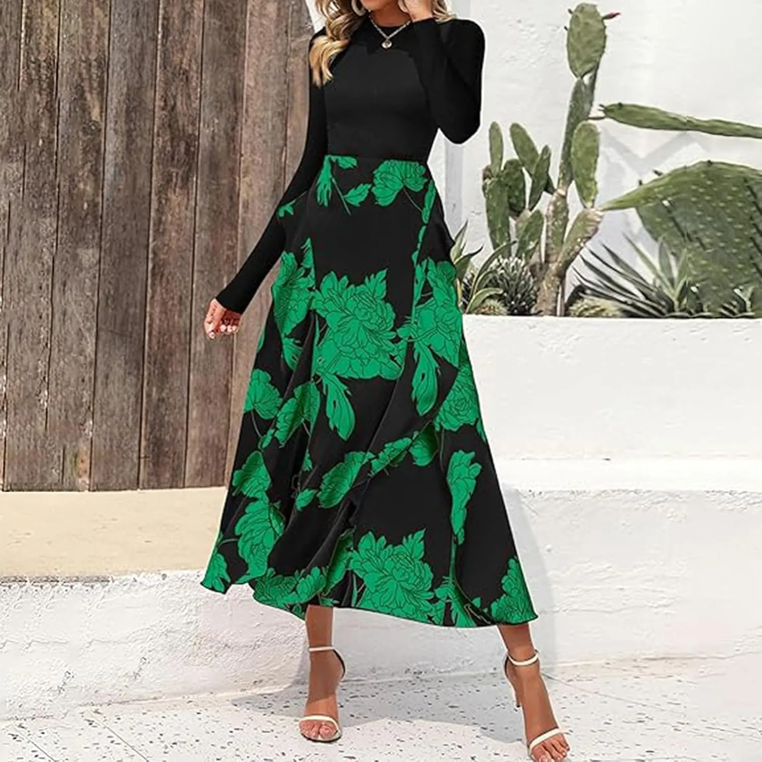 Womens Fall Fashion 2025 Floral Maxi Dress Casual Crewneck Long Sleeve Ruffle Flowy Cocktail Wedding Guest Dresses