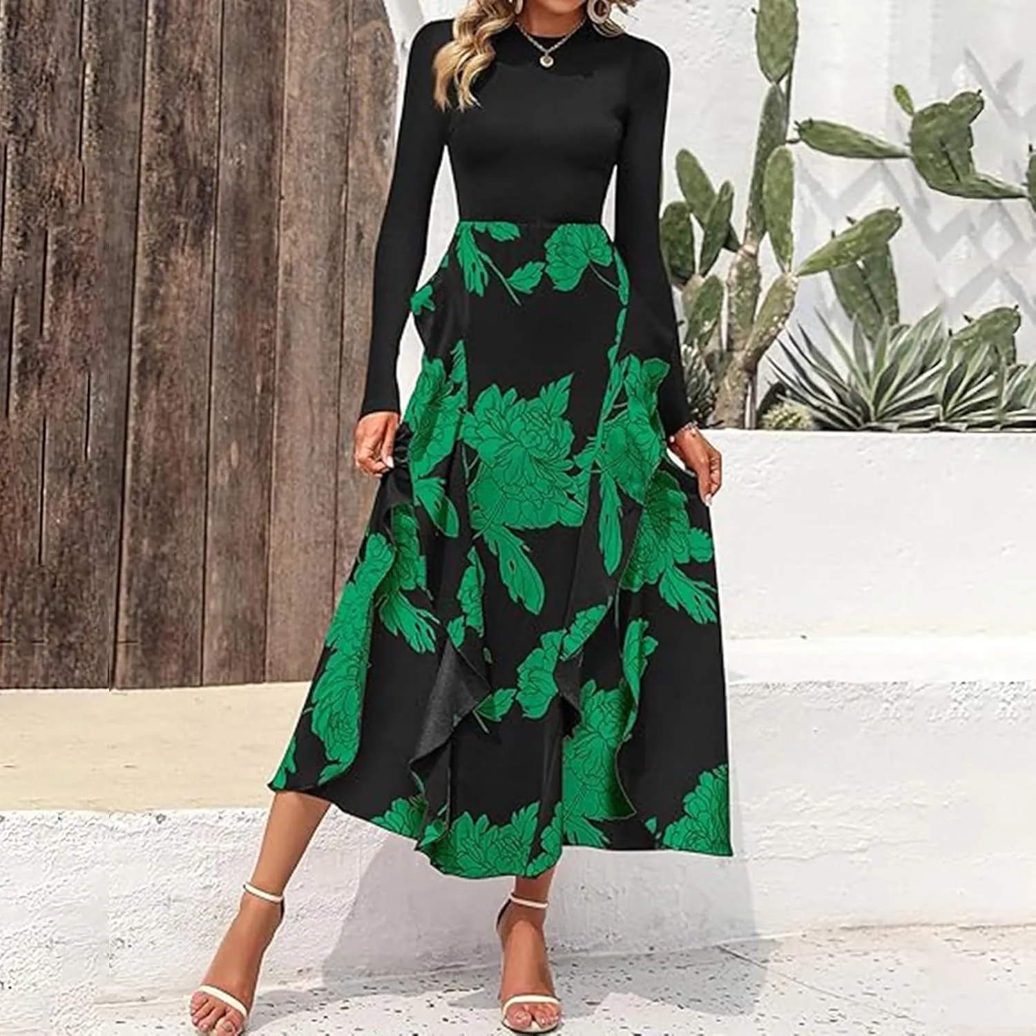 Womens Fall Fashion 2025 Floral Maxi Dress Casual Crewneck Long Sleeve Ruffle Flowy Cocktail Wedding Guest Dresses