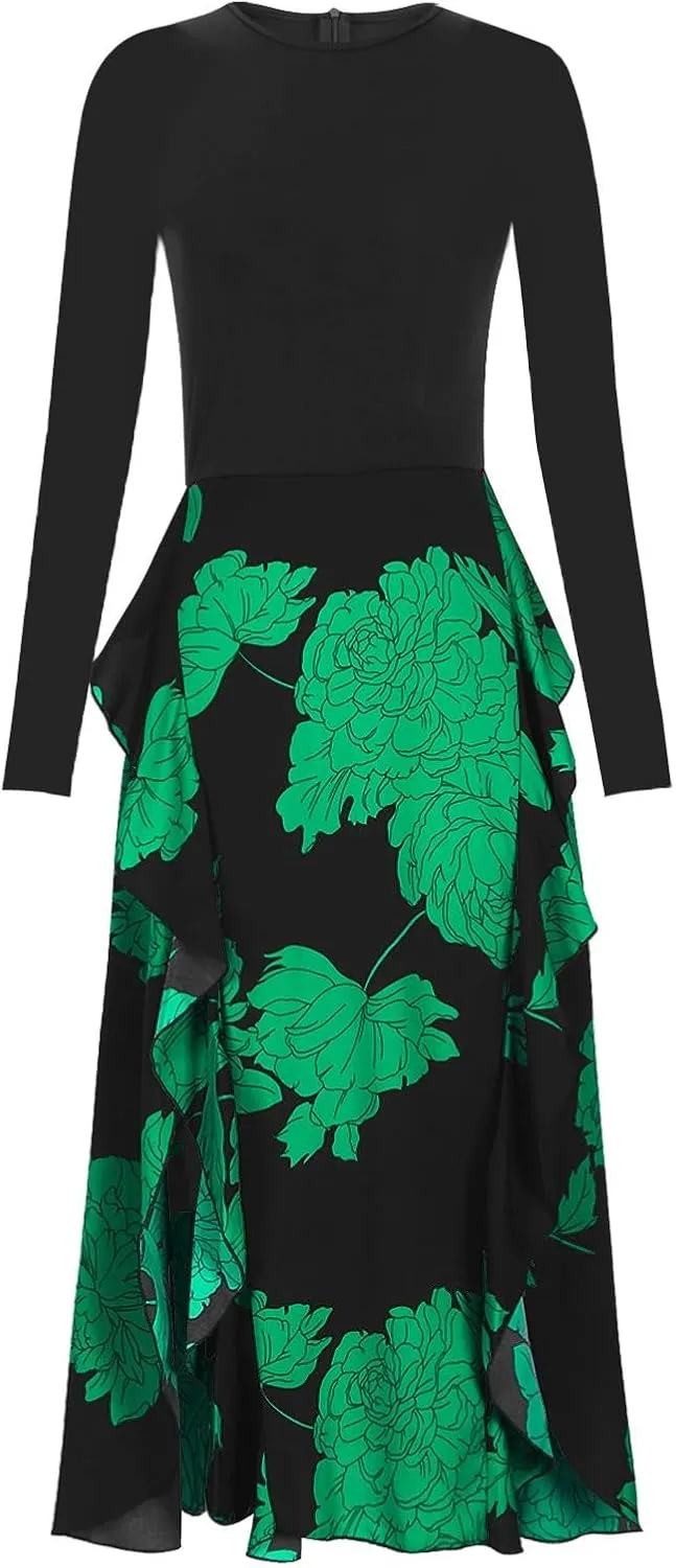 Womens Fall Fashion 2025 Floral Maxi Dress Casual Crewneck Long Sleeve Ruffle Flowy Cocktail Wedding Guest Dresses