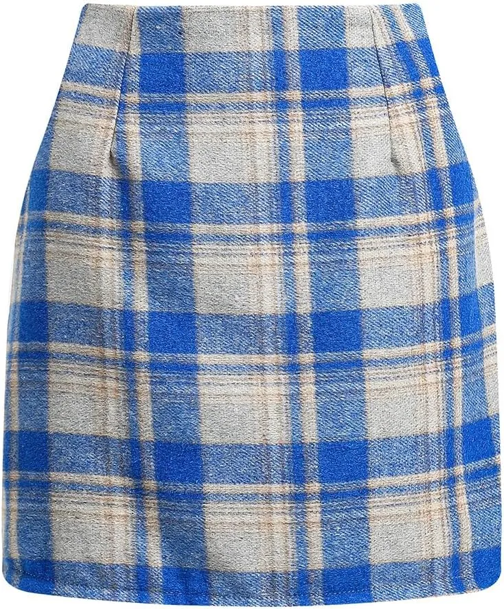 Womens High Waist Plaid Skirt Bodycon Pencil Wool Mini Skirts Fall Winter Short Skirt