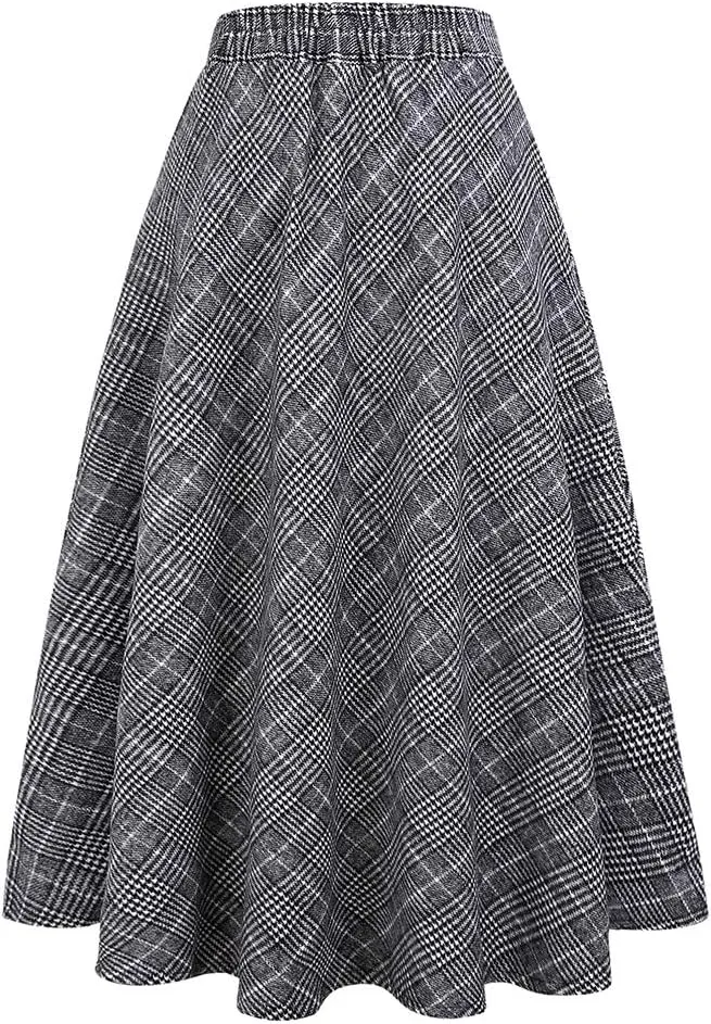 Womens Long Wool Plaid Skirts Aline High Waisted Warm Winter Skirts