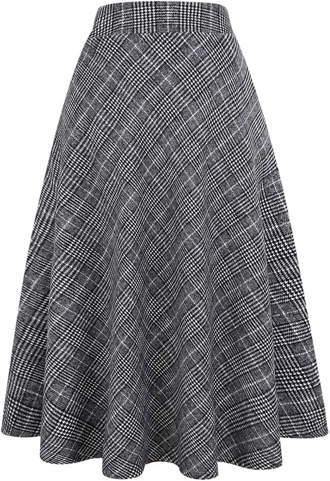 Womens Long Wool Plaid Skirts Aline High Waisted Warm Winter Skirts