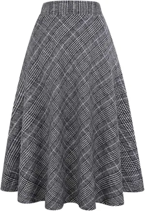 Womens Long Wool Plaid Skirts Aline High Waisted Warm Winter Skirts