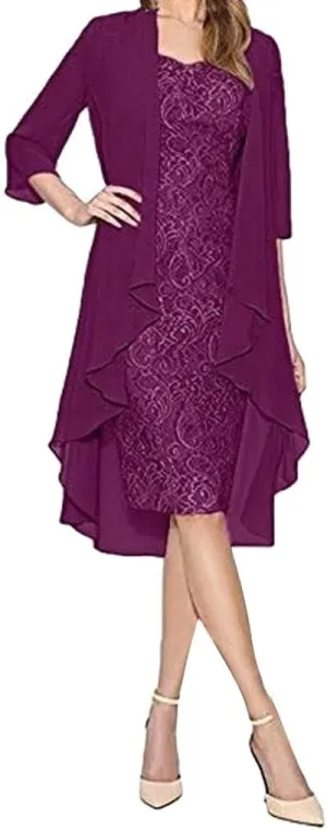 Womens Two Piece Outfits Midi Dress Lace Floral with Chiffon Jacket Sleeveless Crewneck Laced Wedding Guest Dresses