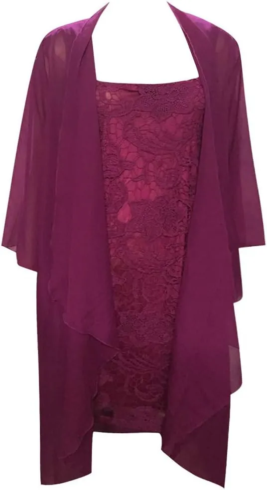 Womens Two Piece Outfits Midi Dress Lace Floral with Chiffon Jacket Sleeveless Crewneck Laced Wedding Guest Dresses