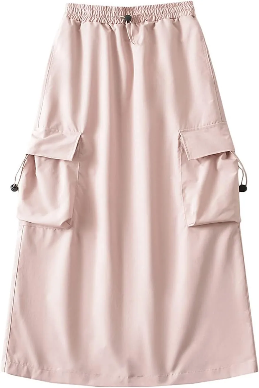 Women's Y2k Cargo Skirt Drawstring Elastic Waist Flap Pocket Back Slit Midi Skirt Trendy Casual A Line Pencil Skirts