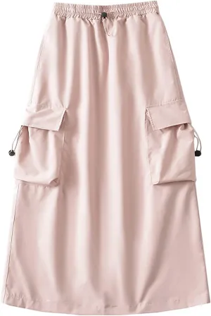 Women's Y2k Cargo Skirt Drawstring Elastic Waist Flap Pocket Back Slit Midi Skirt Trendy Casual A Line Pencil Skirts