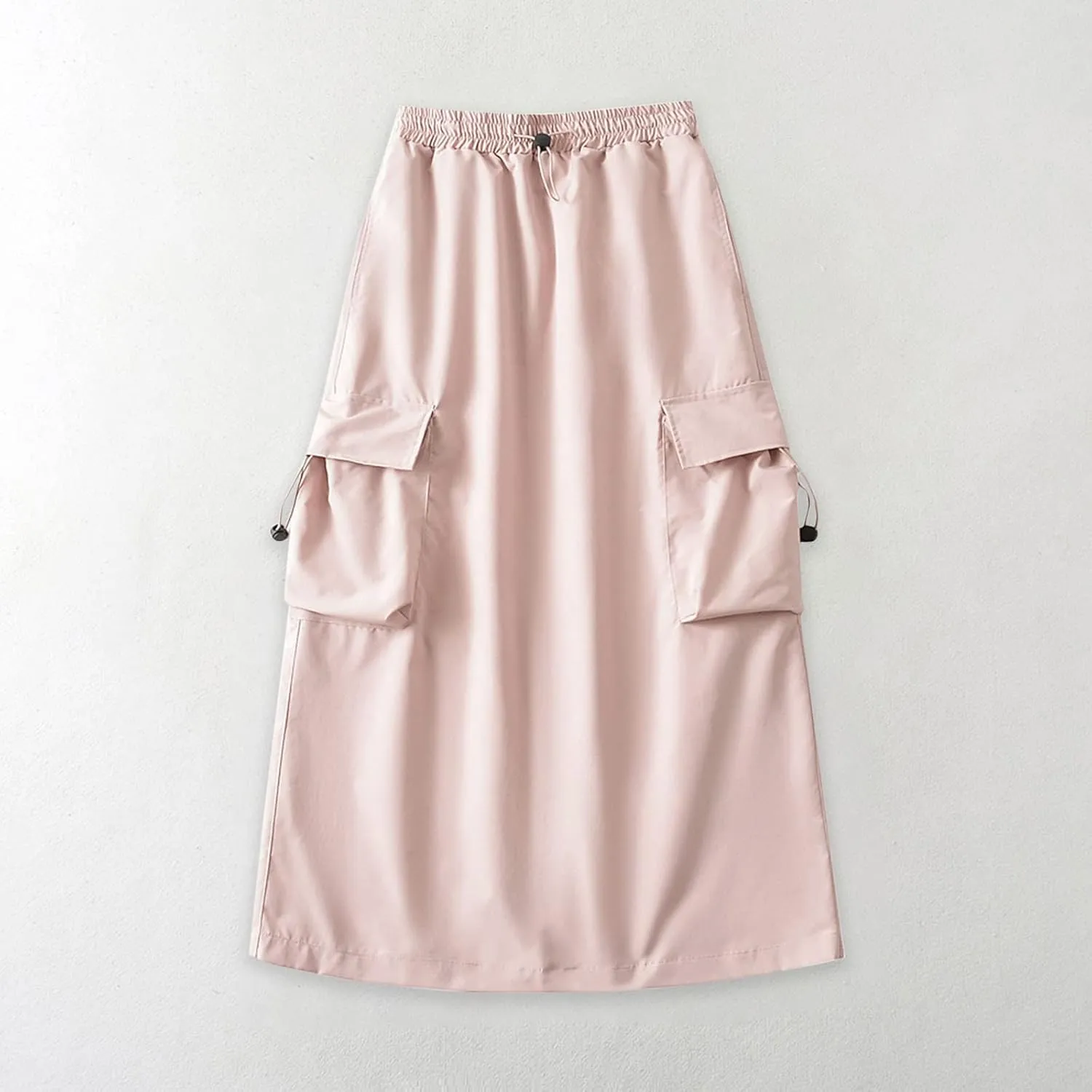 Women's Y2k Cargo Skirt Drawstring Elastic Waist Flap Pocket Back Slit Midi Skirt Trendy Casual A Line Pencil Skirts