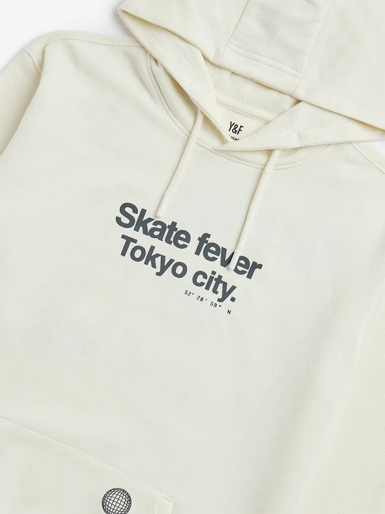 Y&F Kids Off-White Text Printed Cotton-Blend Hoodie