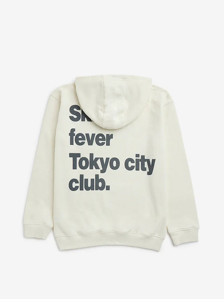 Y&F Kids Off-White Text Printed Cotton-Blend Hoodie