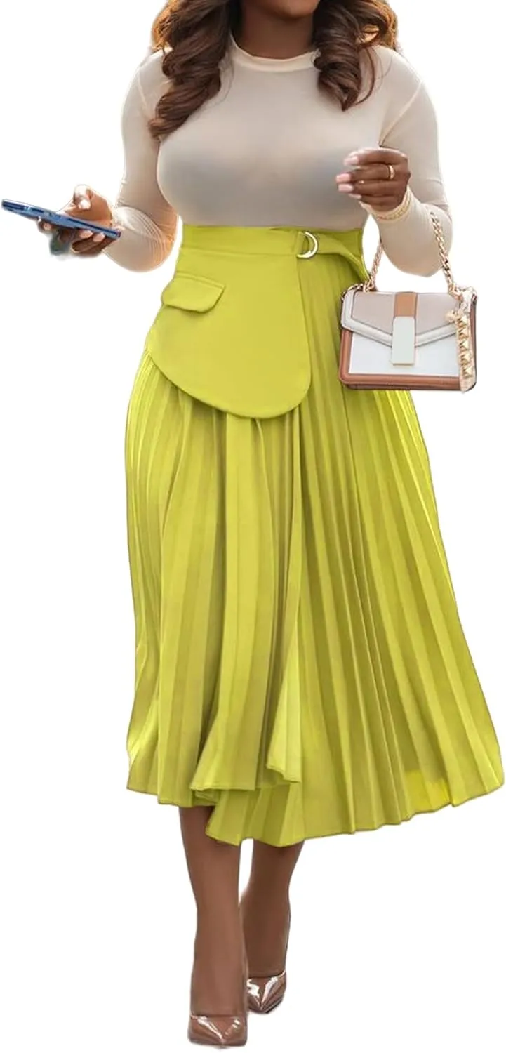 YOOTIKO Women Pleated Skirt High Waisted Midi Skirt Casual Work Flowy A Line Skirts with Buckle
