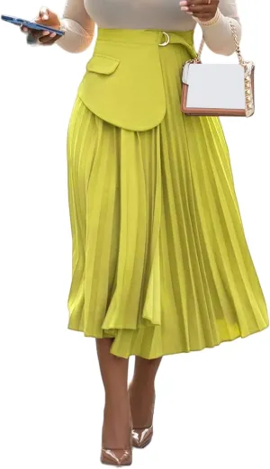 YOOTIKO Women Pleated Skirt High Waisted Midi Skirt Casual Work Flowy A Line Skirts with Buckle