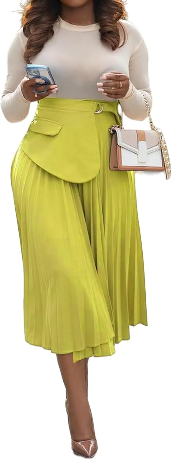 YOOTIKO Women Pleated Skirt High Waisted Midi Skirt Casual Work Flowy A Line Skirts with Buckle