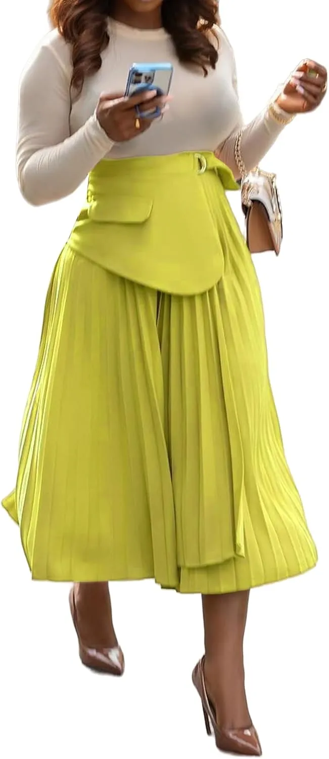 YOOTIKO Women Pleated Skirt High Waisted Midi Skirt Casual Work Flowy A Line Skirts with Buckle