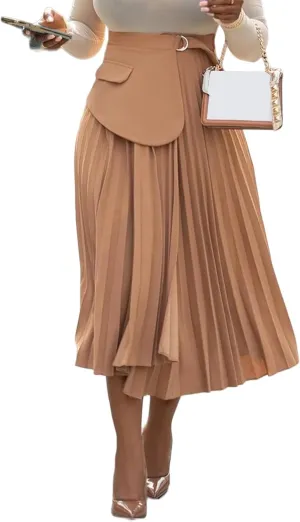 YOOTIKO Women Pleated Skirt High Waisted Midi Skirt Casual Work Flowy A Line Skirts with Buckle