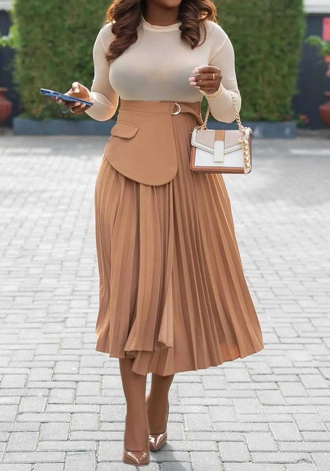 YOOTIKO Women Pleated Skirt High Waisted Midi Skirt Casual Work Flowy A Line Skirts with Buckle