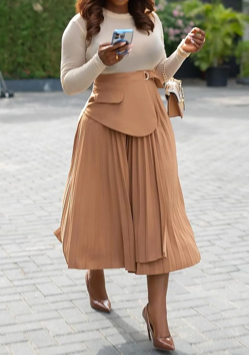 YOOTIKO Women Pleated Skirt High Waisted Midi Skirt Casual Work Flowy A Line Skirts with Buckle