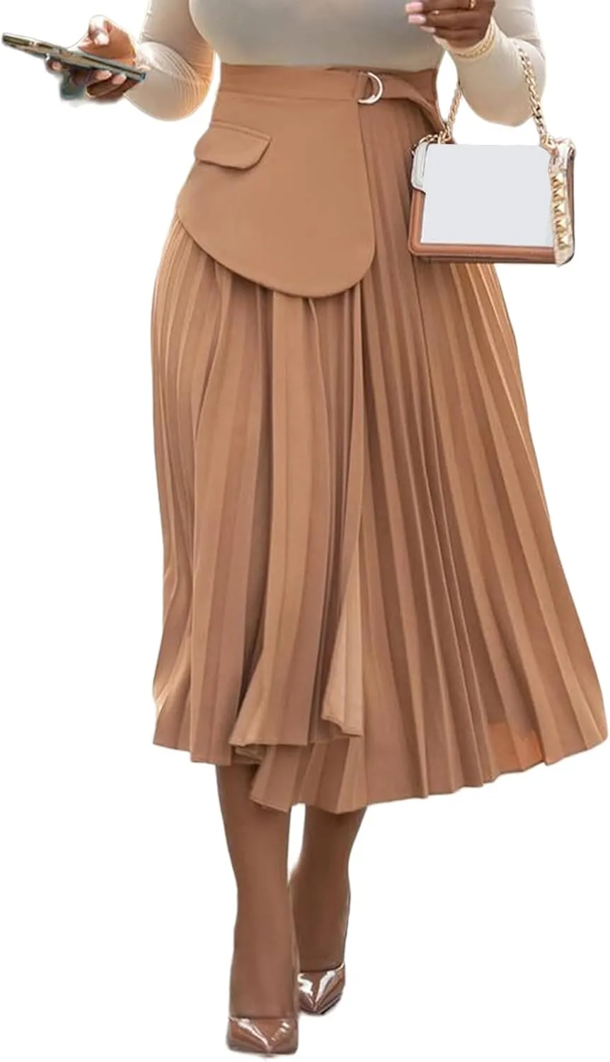 YOOTIKO Women Pleated Skirt High Waisted Midi Skirt Casual Work Flowy A Line Skirts with Buckle