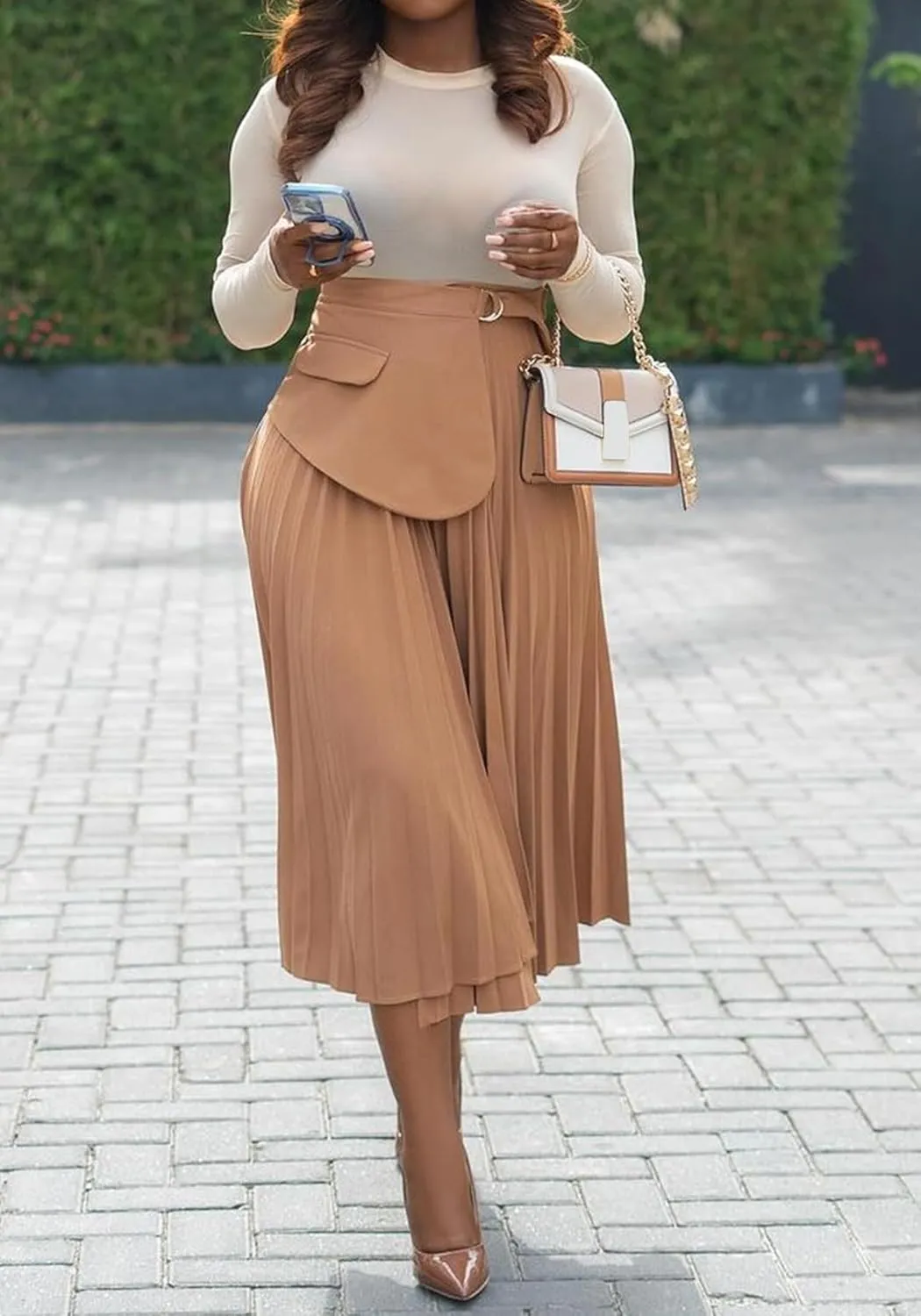 YOOTIKO Women Pleated Skirt High Waisted Midi Skirt Casual Work Flowy A Line Skirts with Buckle